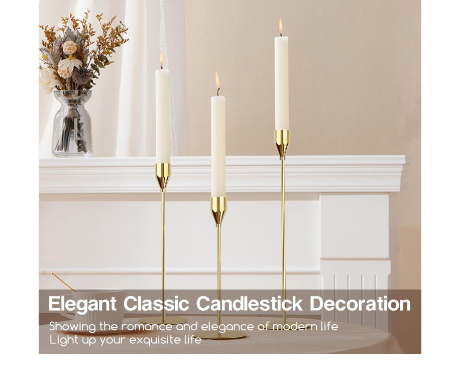 3-piece gold metal taper candle holder set is electroplated in an understated and attractive matte black,making taper candle holder ornamental and anti-corrosive while keeping an elegant,sophisticated