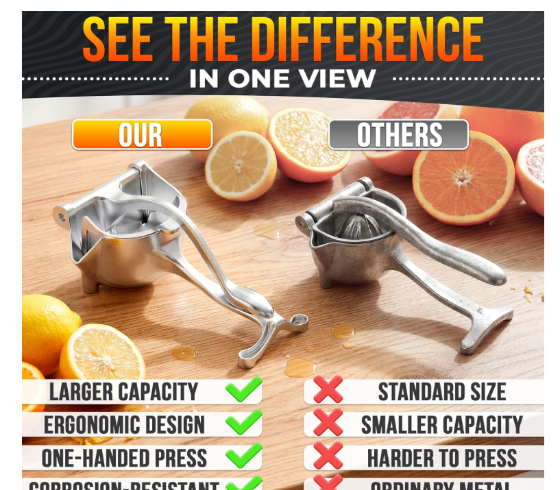 Hand Juicer Squeezer - Aluminum Manual Hand Press Juicer for Lemon, Orange, Lime, Grapefruit & Pomegranate – Durable Ergonomic Handle, Compact Easy Clean Design - Great Kitchen Gifts for Home Juicers