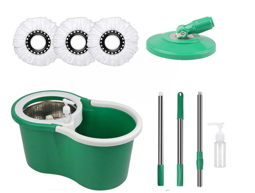 Spin Mop and Bucket with Wringer Set, 360° Spinning Mop Bucket System with 3 Microfiber Mop Replacement Heads Refills,56" Stainless Steel Extended Handle for Floor Cleaning Home Office (20QT) (Green)