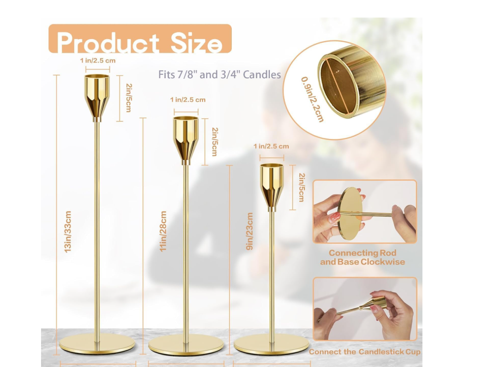 3-piece gold metal taper candle holder set is electroplated in an understated and attractive matte black,making taper candle holder ornamental and anti-corrosive while keeping an elegant,sophisticated