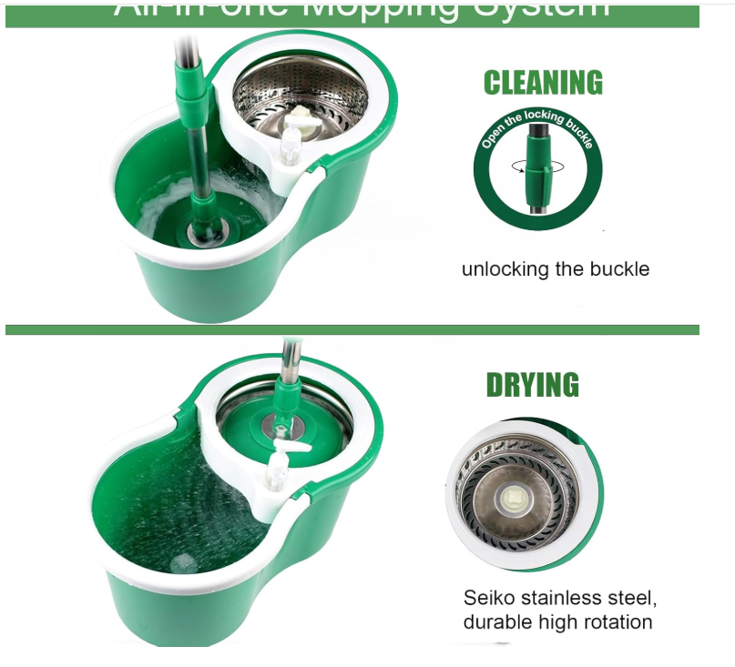 Spin Mop and Bucket with Wringer Set, 360° Spinning Mop Bucket System with 3 Microfiber Mop Replacement Heads Refills,56" Stainless Steel Extended Handle for Floor Cleaning Home Office (20QT) (Green)