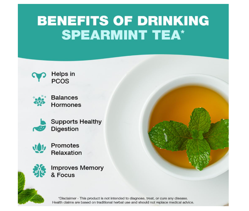 Spearmint tea is widely celebrated for its sweet,minty flavor and its distinct health benefiparticularly regarding hormone balance, digestion and also helps manage PCOS symptoms like facial hair etc .