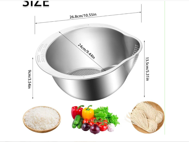 4-in-1 Washing Bowl for Quinoa, Stainless Steel Rinser with Side Drainers Small Colander for Cleaning Fruits, Vegetables, and Beans - Versatile Kitchen Tool