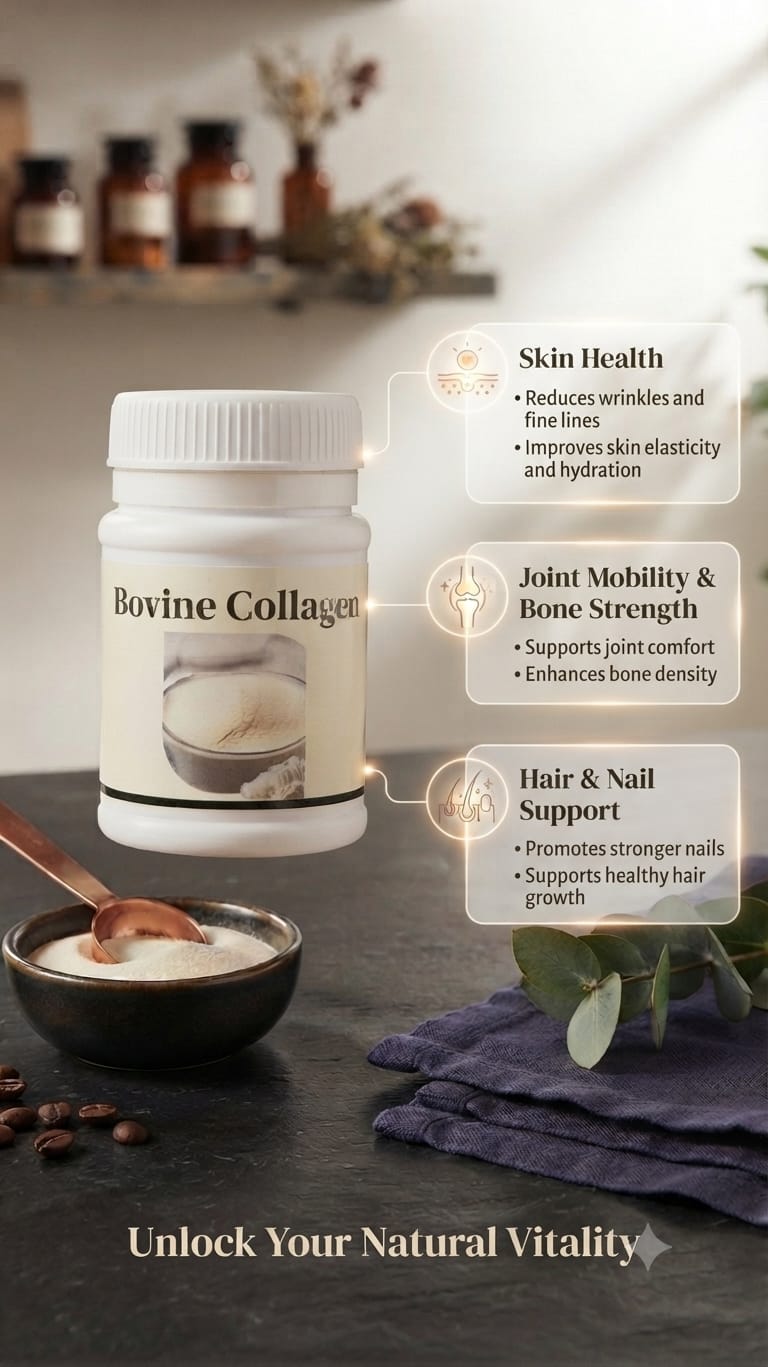 BOVINE COLLAGEN , Peptides for Radiant Skin, Focuses on anti-aging & Joint Health  It improves skin elasticity, reduces wrinkles, supports joint health, and strengthens bones, muscles, and tendons