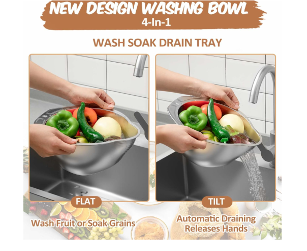 4-in-1 Washing Bowl for Quinoa, Stainless Steel Rinser with Side Drainers Small Colander for Cleaning Fruits, Vegetables, and Beans - Versatile Kitchen Tool