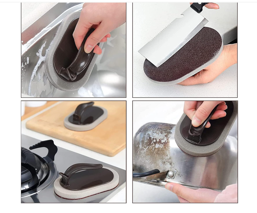 Sponge Kitchen Pot Brush with Handle,Magic Emery Scrub Sponge Brush Eraser Cleaner Kitchen Pot Brush Cleaning Rust Sand Scrubbers Pots Cleaning Tool Descaling Knife Pan for Home Sink Pot