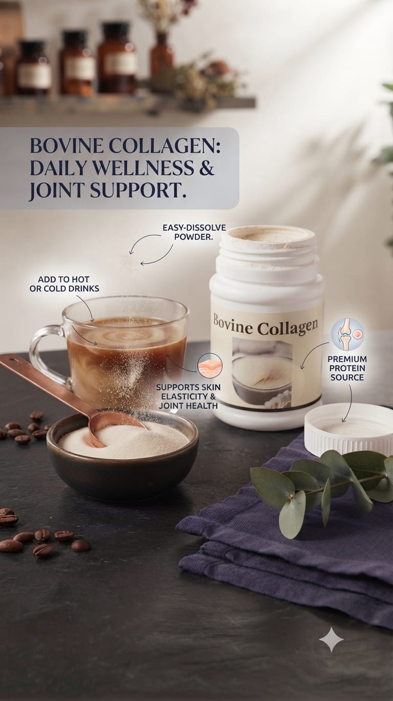 BOVINE COLLAGEN , Peptides for Radiant Skin, Focuses on anti-aging & Joint Health  It improves skin elasticity, reduces wrinkles, supports joint health, and strengthens bones, muscles, and tendons