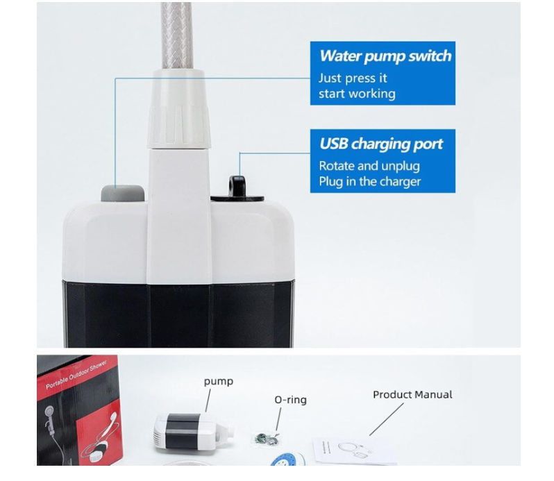 Portable Camping Shower, USB Rechargeable Outdoor Shower Pump, Electric Camp Shower, On-The-Go Bathing Solution for Pets Beach Garden
