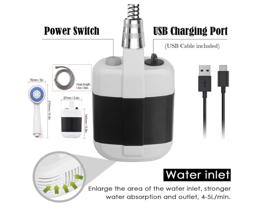 Portable Camping Shower, USB Rechargeable Outdoor Shower Pump, Electric Camp Shower, On-The-Go Bathing Solution for Pets Beach Garden