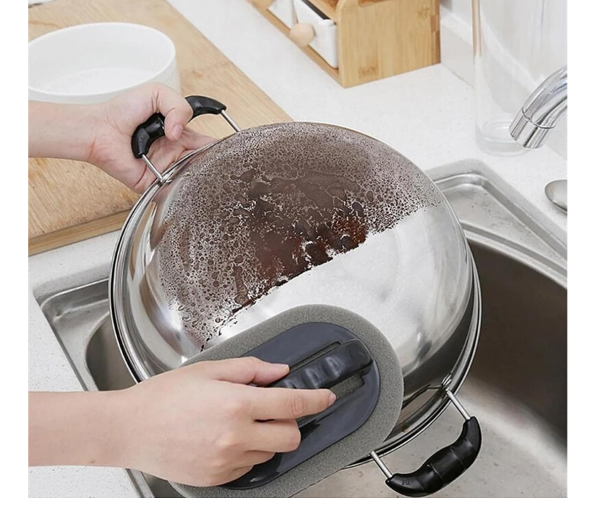 Sponge Kitchen Pot Brush with Handle,Magic Emery Scrub Sponge Brush Eraser Cleaner Kitchen Pot Brush Cleaning Rust Sand Scrubbers Pots Cleaning Tool Descaling Knife Pan for Home Sink Pot