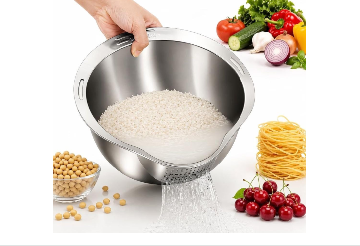 4-in-1 Washing Bowl for Quinoa, Stainless Steel Rinser with Side Drainers Small Colander for Cleaning Fruits, Vegetables, and Beans - Versatile Kitchen Tool