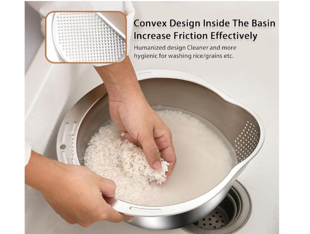 4-in-1 Washing Bowl for Quinoa, Stainless Steel Rinser with Side Drainers Small Colander for Cleaning Fruits, Vegetables, and Beans - Versatile Kitchen Tool