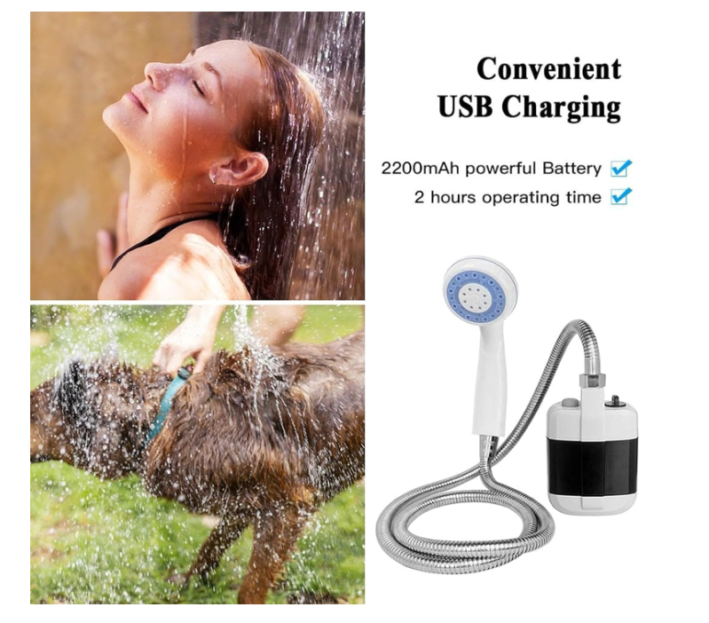 Portable Camping Shower, USB Rechargeable Outdoor Shower Pump, Electric Camp Shower, On-The-Go Bathing Solution for Pets Beach Garden