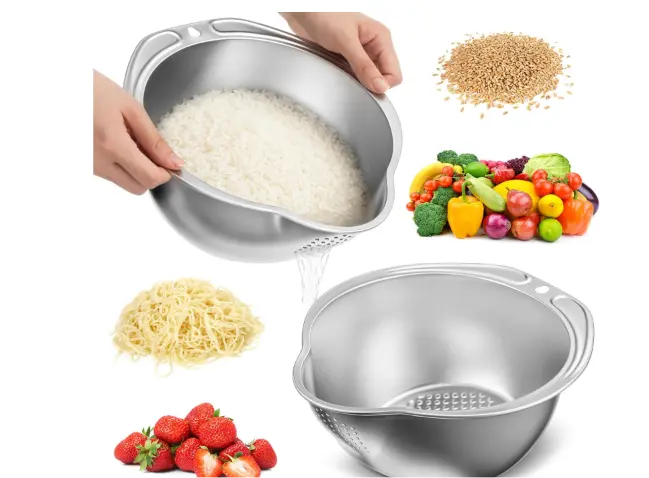 4-in-1 Washing Bowl for Quinoa, Stainless Steel Rinser with Side Drainers Small Colander for Cleaning Fruits, Vegetables, and Beans - Versatile Kitchen Tool