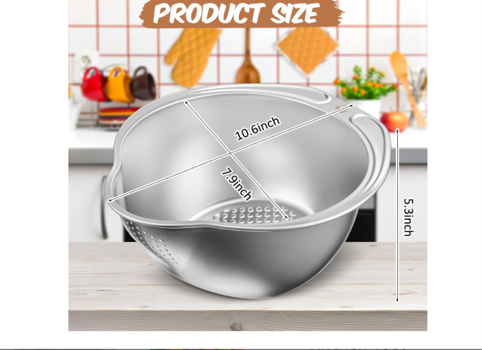 4-in-1 Washing Bowl for Quinoa, Stainless Steel Rinser with Side Drainers Small Colander for Cleaning Fruits, Vegetables, and Beans - Versatile Kitchen Tool