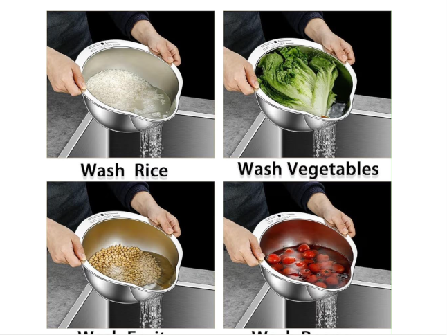 4-in-1 Washing Bowl for Quinoa, Stainless Steel Rinser with Side Drainers Small Colander for Cleaning Fruits, Vegetables, and Beans - Versatile Kitchen Tool