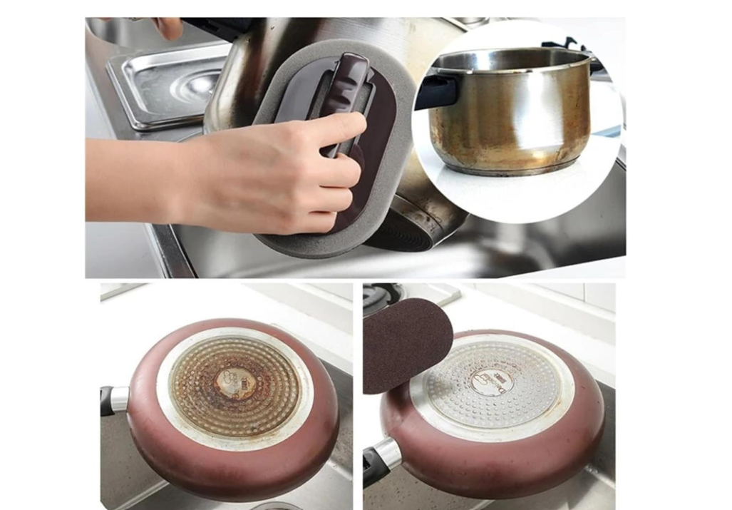 Sponge Kitchen Pot Brush with Handle,Magic Emery Scrub Sponge Brush Eraser Cleaner Kitchen Pot Brush Cleaning Rust Sand Scrubbers Pots Cleaning Tool Descaling Knife Pan for Home Sink Pot