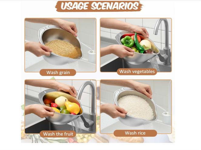 4-in-1 Washing Bowl for Quinoa, Stainless Steel Rinser with Side Drainers Small Colander for Cleaning Fruits, Vegetables, and Beans - Versatile Kitchen Tool
