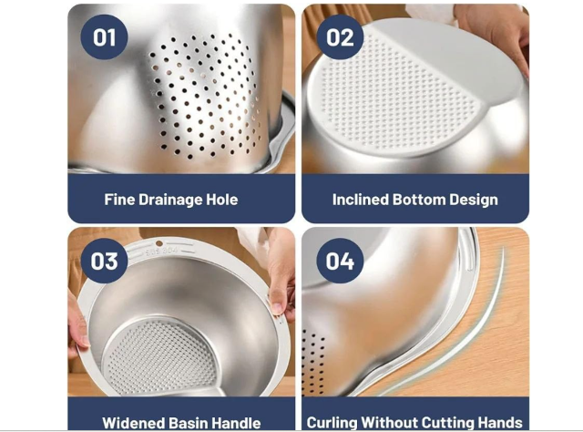 4-in-1 Washing Bowl for Quinoa, Stainless Steel Rinser with Side Drainers Small Colander for Cleaning Fruits, Vegetables, and Beans - Versatile Kitchen Tool