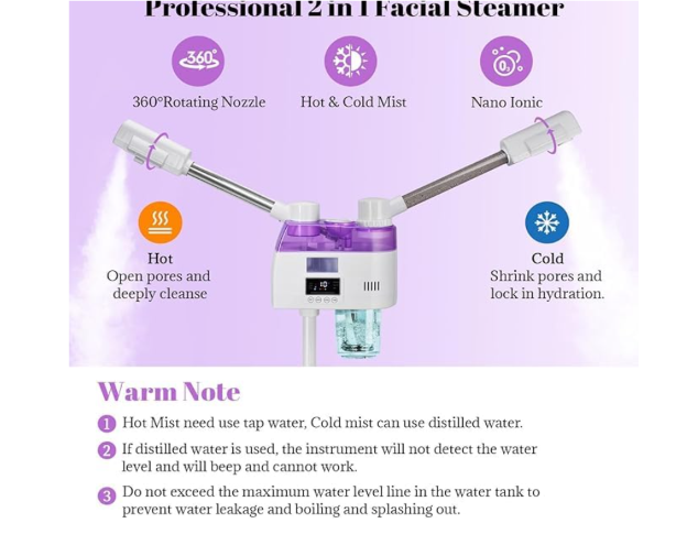 Facial Steam Machine, Double Tube, Hot and Cold Sauna Vaporizer 800W Beauty Studio Skin Management 680ml Capacity