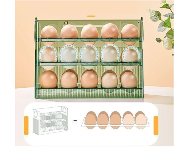 30‑Grid Plastic Egg Crate for Refrigerator – 3‑Layer Flip-Top Storage with Date Timer Dial, Clear Egg Holder Box Keeps Eggs Organized, Freshness Monitor for Fridge