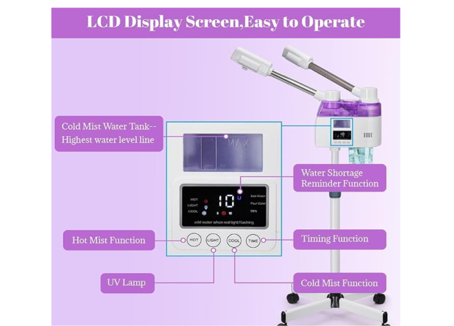 Facial Steam Machine, Double Tube, Hot and Cold Sauna Vaporizer 800W Beauty Studio Skin Management 680ml Capacity