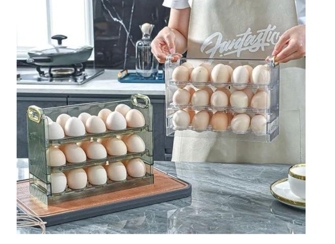 30‑Grid Plastic Egg Crate for Refrigerator – 3‑Layer Flip-Top Storage with Date Timer Dial, Clear Egg Holder Box Keeps Eggs Organized, Freshness Monitor for Fridge
