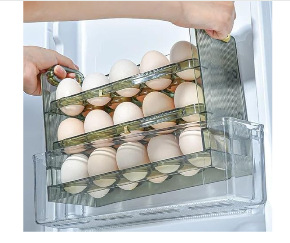 30‑Grid Plastic Egg Crate for Refrigerator – 3‑Layer Flip-Top Storage with Date Timer Dial, Clear Egg Holder Box Keeps Eggs Organized, Freshness Monitor for Fridge