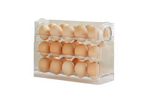 30‑Grid Plastic Egg Crate for Refrigerator – 3‑Layer Flip-Top Storage with Date Timer Dial, Clear Egg Holder Box Keeps Eggs Organized, Freshness Monitor for Fridge