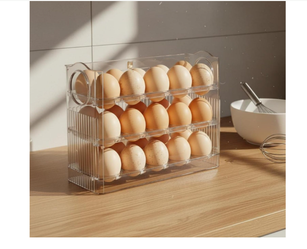 30‑Grid Plastic Egg Crate for Refrigerator – 3‑Layer Flip-Top Storage with Date Timer Dial, Clear Egg Holder Box Keeps Eggs Organized, Freshness Monitor for Fridge