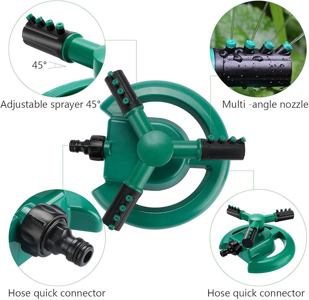 3-Nozzle 360-Degree Rotating Garden Sprinkler, Adjustable Lawn Irrigation Sprinkler System with Wide Water Coverage for Garden, Yard, Grass, Flower Beds and Farm Use