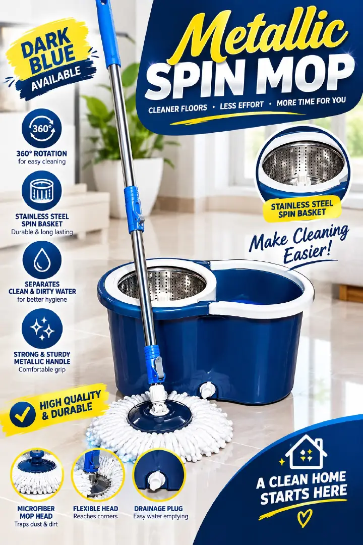 360° Spin Mop and Bucket Cleaning System with Adjustable Stainless Steel Mop Handle, Durable Wringer Basket, and Easy-to-Use Floor Cleaning Technology for Effortless Home Cleaning