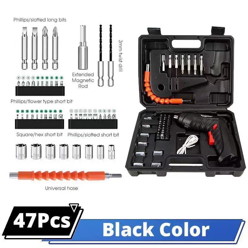 47-Piece Cordless Electric Screwdriver & Drill Set – Black Rechargeable Multi-Function Power Tool Kit with Drill Bits, Screwdriver Bits, Accessories and Carrying Case for DIY, Home Repairs