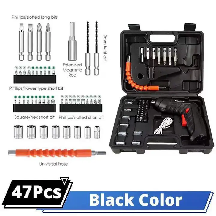 47-Piece Cordless Electric Screwdriver & Drill Set – Black Rechargeable Multi-Function Power Tool Kit with Drill Bits, Screwdriver Bits, Accessories and Carrying Case for DIY, Home Repairs