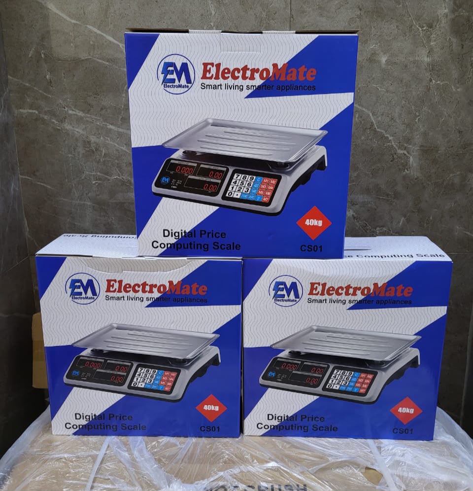 Electromate CS01 40kg armless digital weighing scale machine, a high precision electronic price computing tool. Feature dual sided LED or LCD screen showing weight, unit price & total calculated price