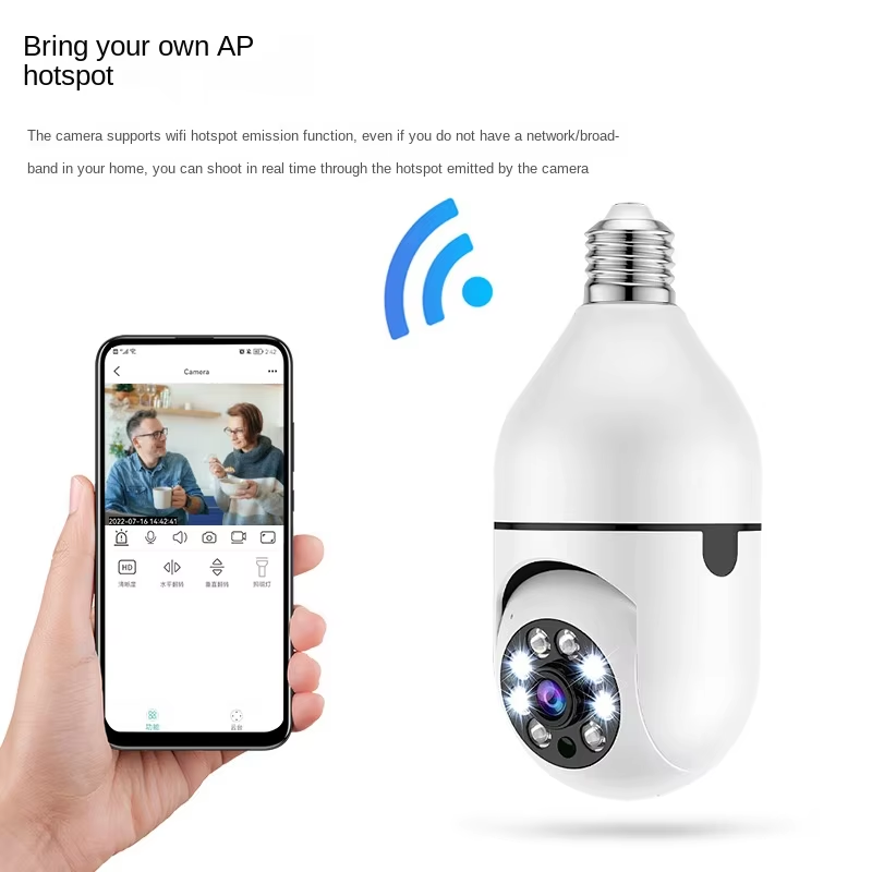 CCTV bulb camera wireless PTZ Auto tracking Wireless 360 degree rotating IR night vision bulb camera smart CCTV Bulb Camera featuring HD video recording, wireless WiFi connectivity, motion detection,