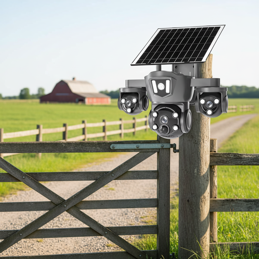 4G solar  CCTV  camera simcard triple lens solar cctv camera with motion tracking,night vision,360 rotation,high resolution 12MP waterproof ,two way communication ,SD slot & cloud storage
