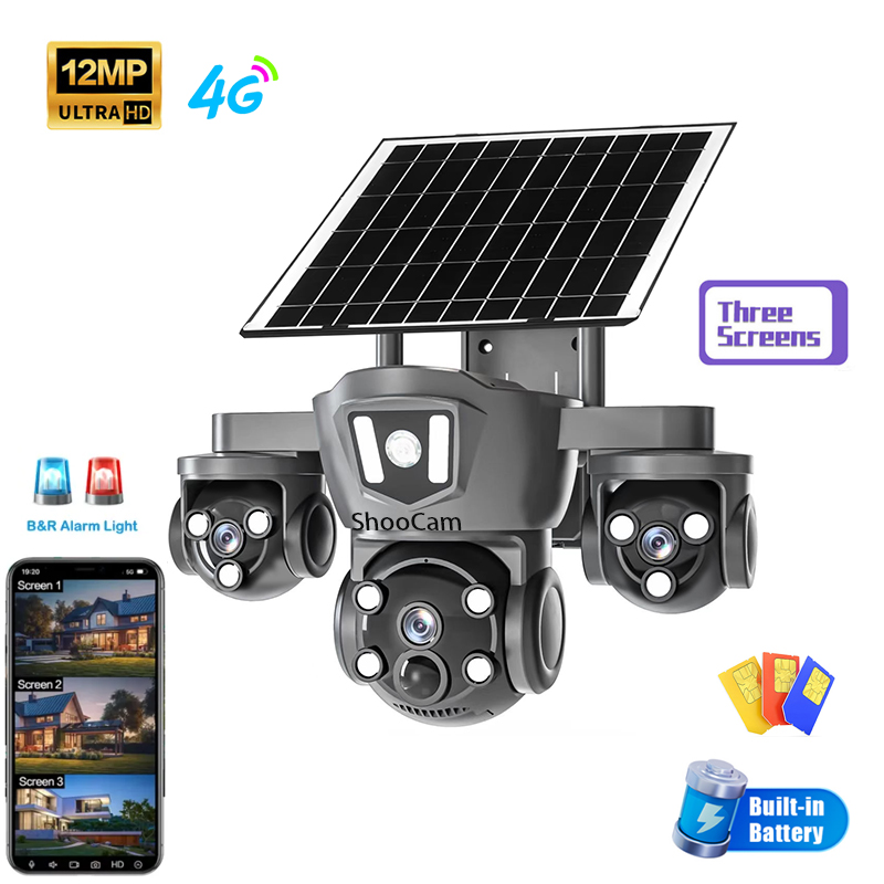 4G solar  CCTV  camera simcard triple lens solar cctv camera with motion tracking,night vision,360 rotation,high resolution 12MP waterproof ,two way communication ,SD slot & cloud storage