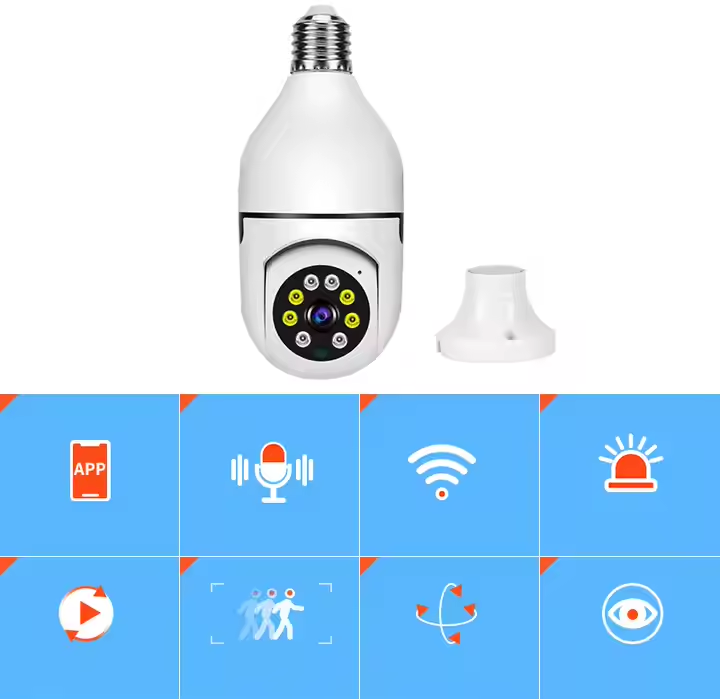 CCTV bulb camera wireless PTZ Auto tracking Wireless 360 degree rotating IR night vision bulb camera smart CCTV Bulb Camera featuring HD video recording, wireless WiFi connectivity, motion detection,