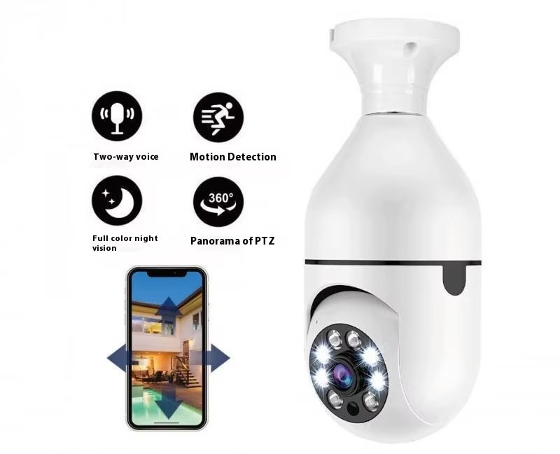 CCTV bulb camera wireless PTZ Auto tracking Wireless 360 degree rotating IR night vision bulb camera smart CCTV Bulb Camera featuring HD video recording, wireless WiFi connectivity, motion detection,