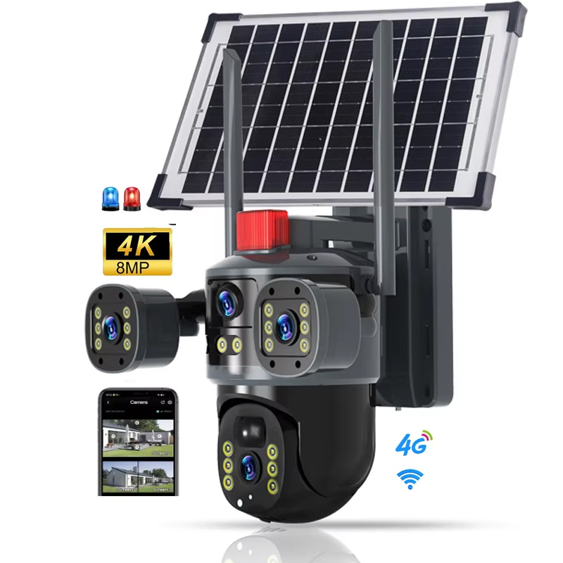 4G solar  CCTV  camera simcard triple lens solar cctv camera with motion tracking,night vision,360 rotation,high resolution 12MP waterproof ,two way communication ,SD slot & cloud storage