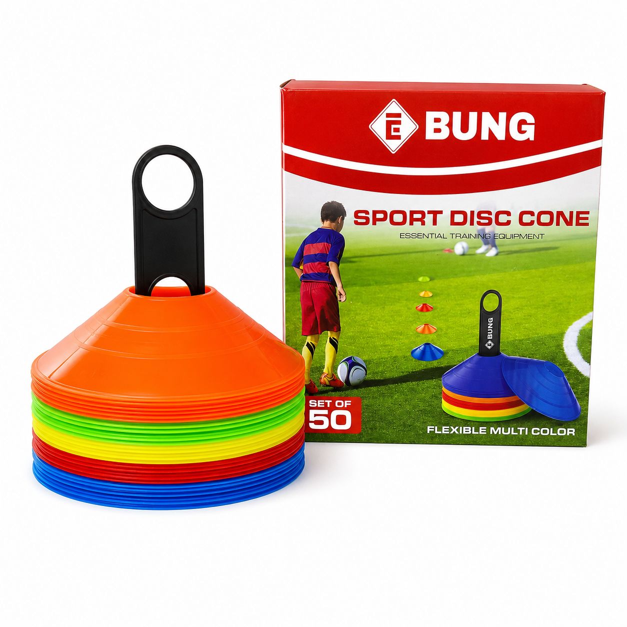 Set of 50 Flexible Multi-Colour Football Training Marker Cones with Carry Handle
