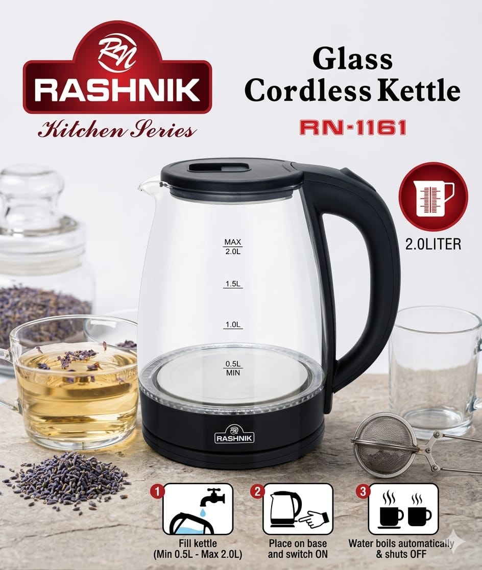 Rashnik RN-1161 Glass Electric Kettle 2.0L Cordless Water Boiler LED Illuminating Heat-Resistant Borosilicate Glass Pot Automatic Shut-Off & Boil Dry Protection – Black