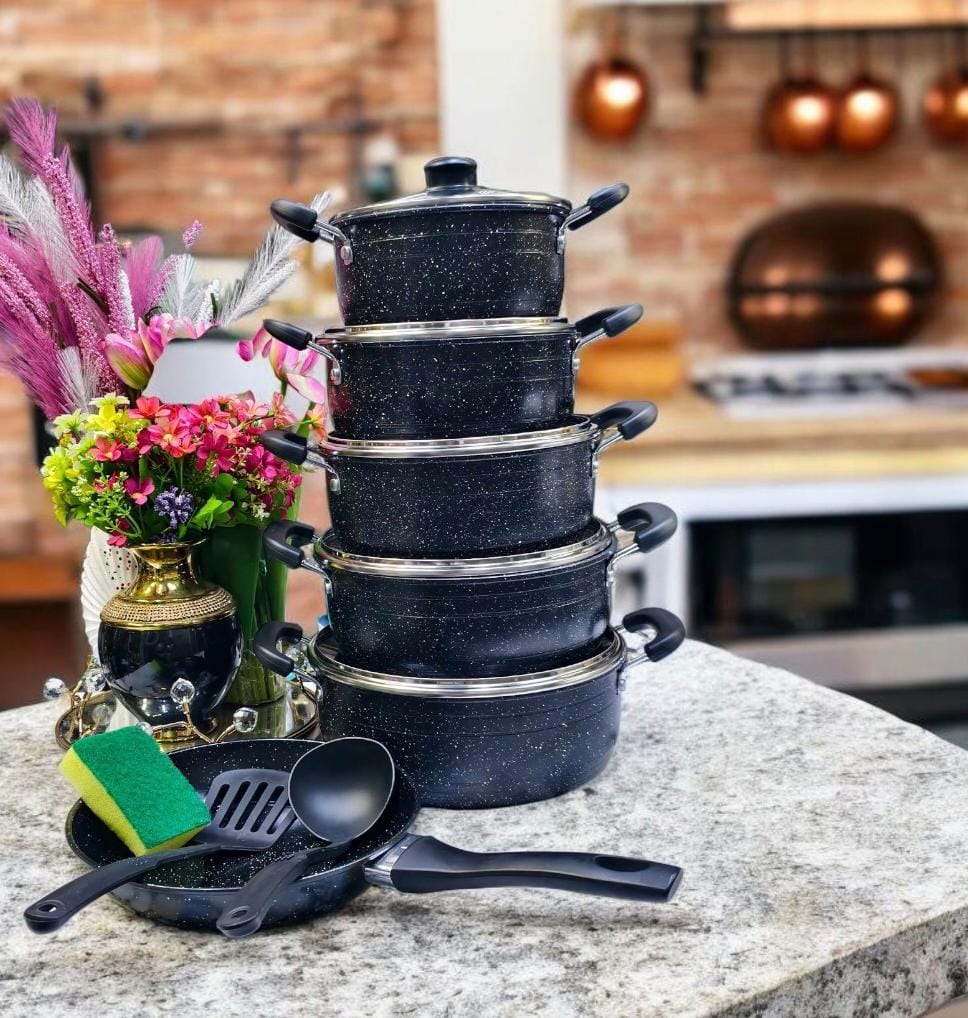 14 pcs Jamespot granite cookware CODE 1826A 
Ultra-Durable Granite Coating, Exceptional Heat Efficiency, Ergonomic Cool-Touch Handles, Space-Saving Stackable Design, Health-Safe & Eco-Friendly