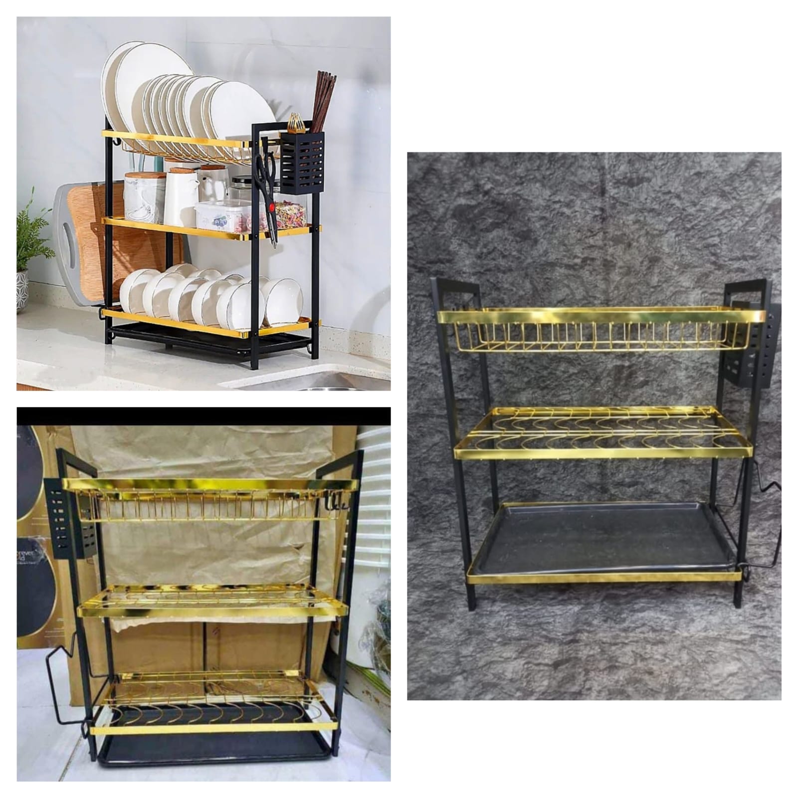 Kitchen 3 tier dishrack HIGH QUALITY! Chrome that will never Tarnish, Rust or Corrode- Gold Black