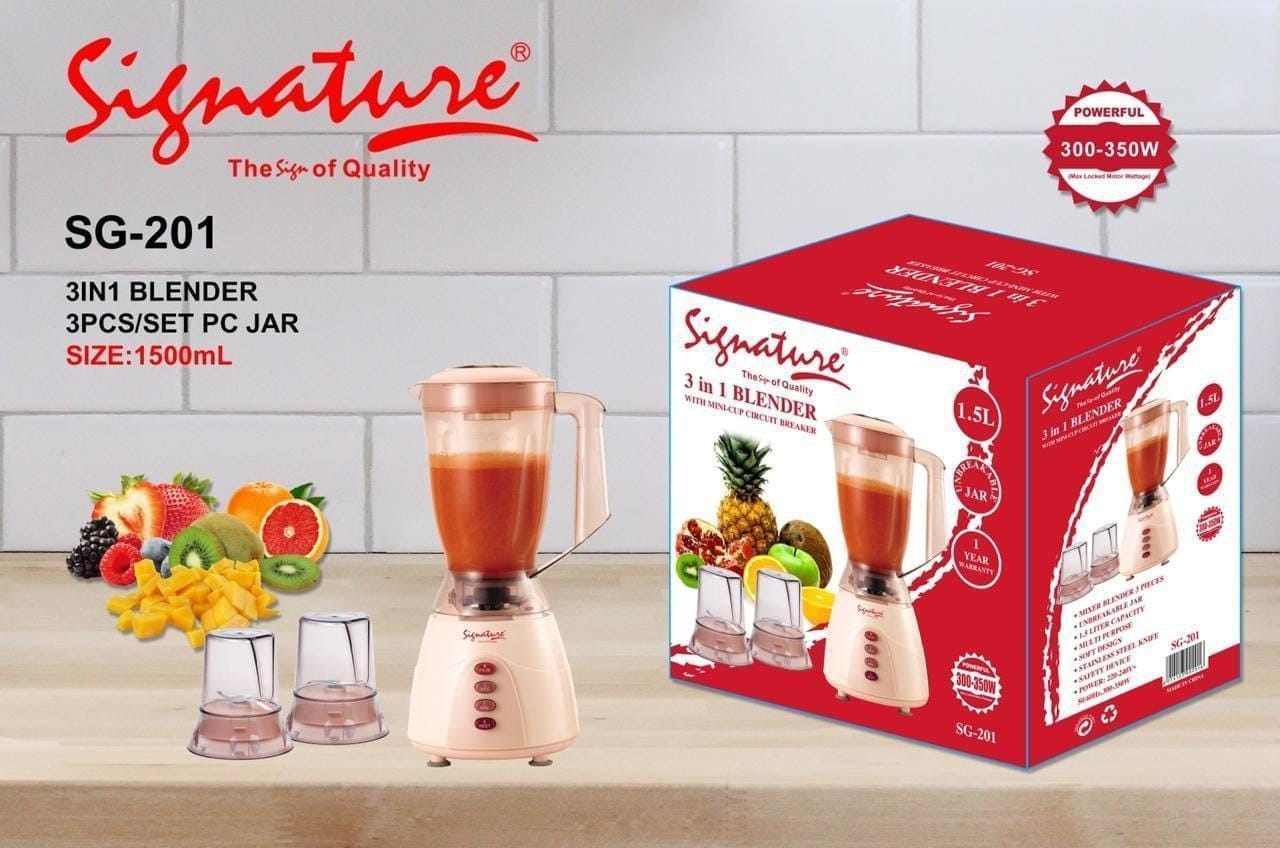 Signature 3 in 1 Blender 1.5L with Grinder & Chopper, Multi-Function Kitchen Blender, 3 Speed Control, Stainless Steel Blades, Unbreakable Jar, Affordable Blender Kenya
