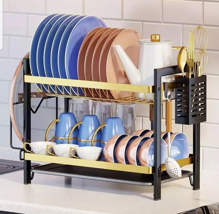 Kitchen 2 tier rack Sturdy construction – Made from durable stainless steel or heavy-duty coated metal to resist rust and corrosion. Gold Black