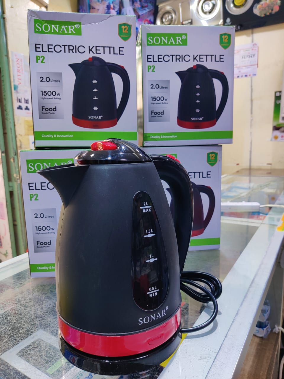 Sonar P2 Electric Kettle 2.0L Cordless Water Boiler 1500W High-Speed Boiling Food Grade Plastic Hot Water Pot With Water Level Indicator – Black & Red
