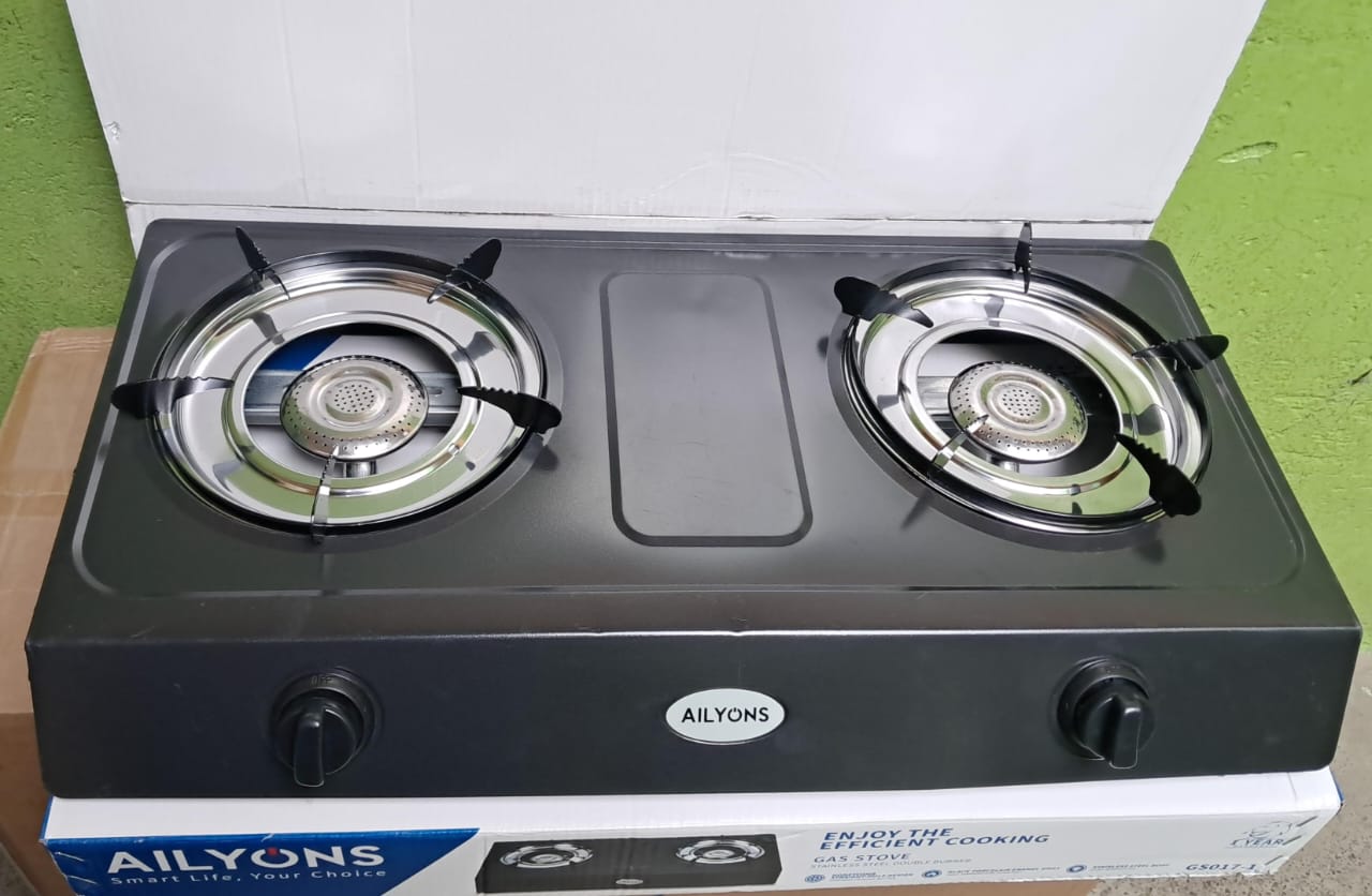 Ailyons GS017-1 Double Burner Gas Stove – Auto-Ignition Table Top Cooker – Durable Stainless Steel & Black Enamel Finish