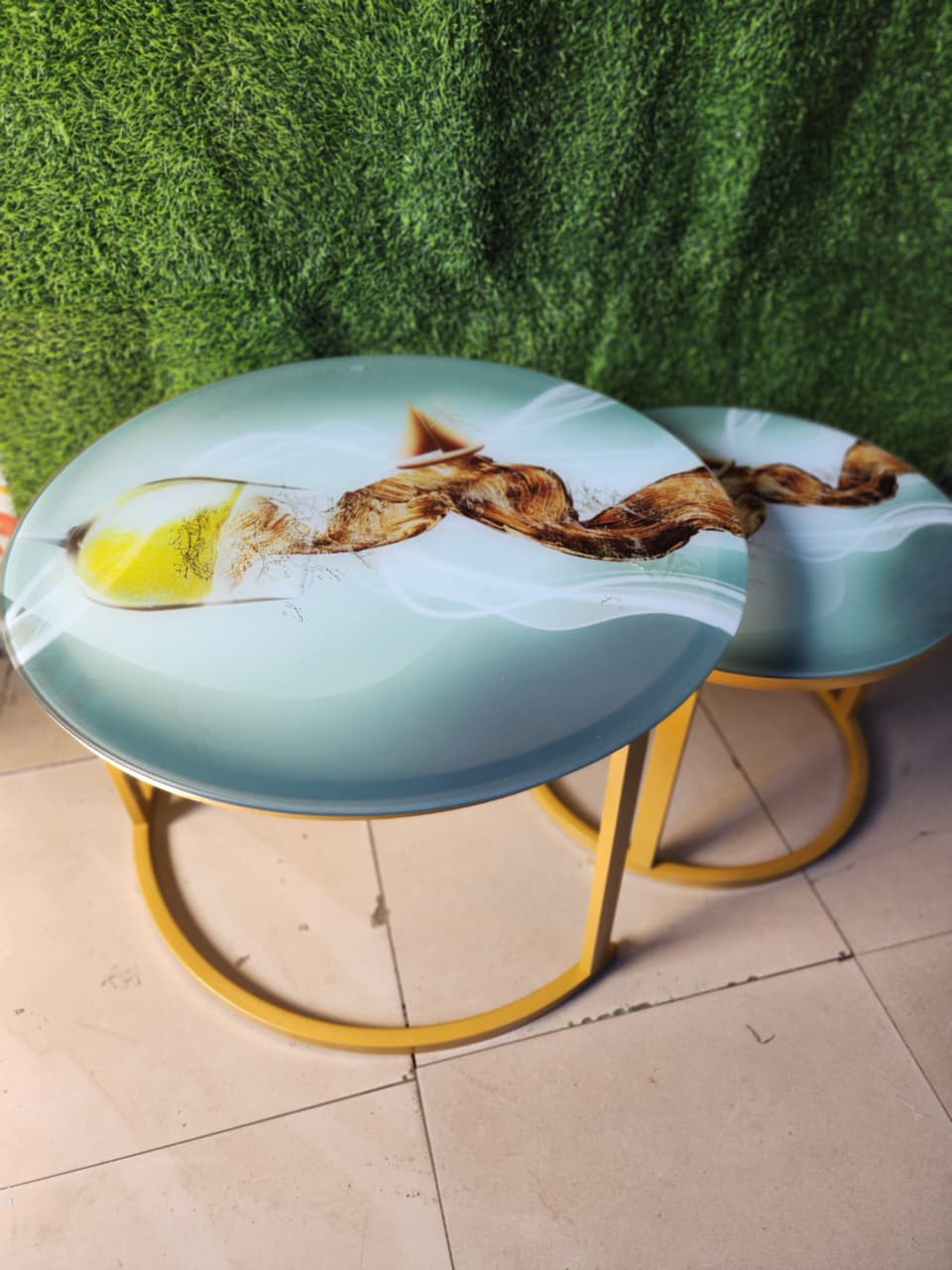 Modern Round Glass Nesting Coffee Table Set – Elegant Marble-Effect Design with Sturdy Gold Metal Frame, Space-Saving Side Tables for Living Room & Office